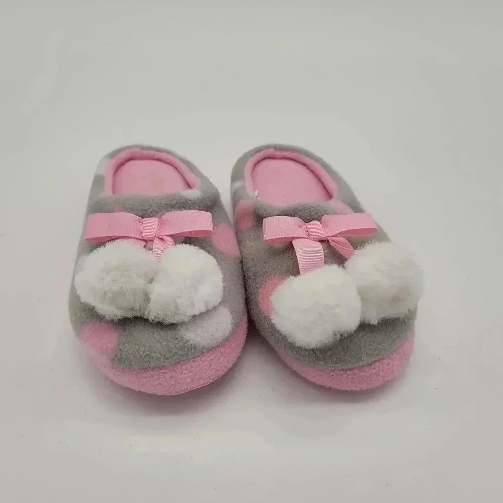 Wonder Nation Girls Gray & Pink Polka Dot Slippers Pom Pom House Shoes Girl
